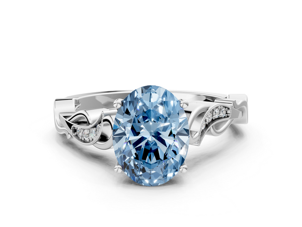 White gold Fancy Blue Oval  Solitaire Vine Band with Milgrain Prong Setting