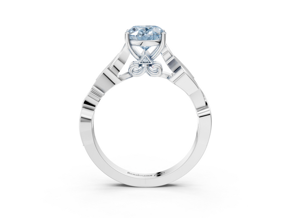 White gold Fancy Blue Oval  Solitaire Vine Band with Milgrain Prong Setting