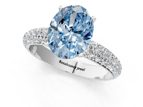 Platinum Fancy Blue Oval  Diamond Solitaire Ring with Prong Setting and Pavé Band