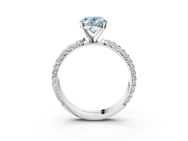 Platinum Fancy Blue Oval  Diamond Solitaire Ring with Prong Setting and Pavé Band