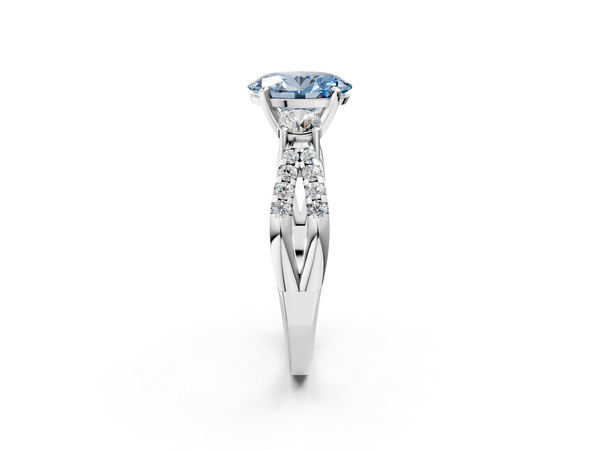 Platinum Fancy Blue Oval Cut Diamond Three-Stone Ring with Pavé Split Shank and Four-Prong Setting
