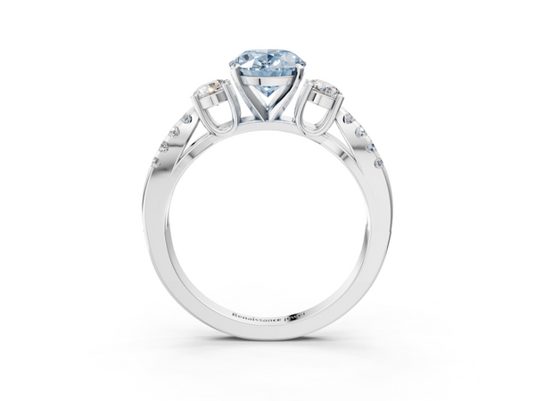 Platinum Fancy Blue Oval Cut Diamond Three-Stone Ring with Pavé Split Shank and Four-Prong Setting