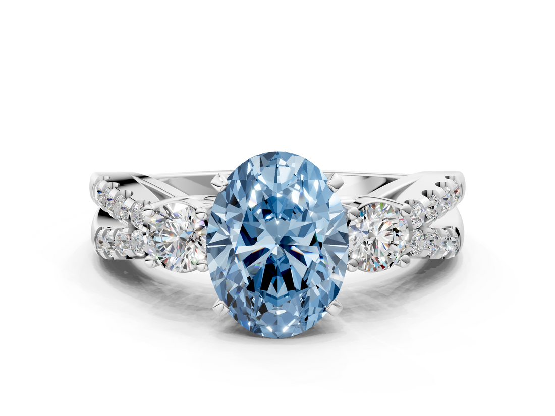 White gold Fancy Blue Oval  Three-Stone Diamond Ring with Pavé Split Shank and Four-Prong Setting_79