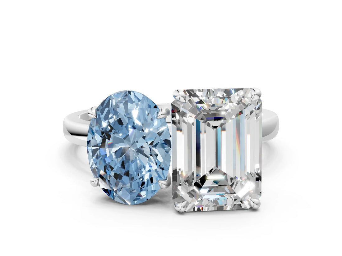White gold Fancy Blue Oval  and Emerald Cut Toi Moi Ring with Prong Setting_63