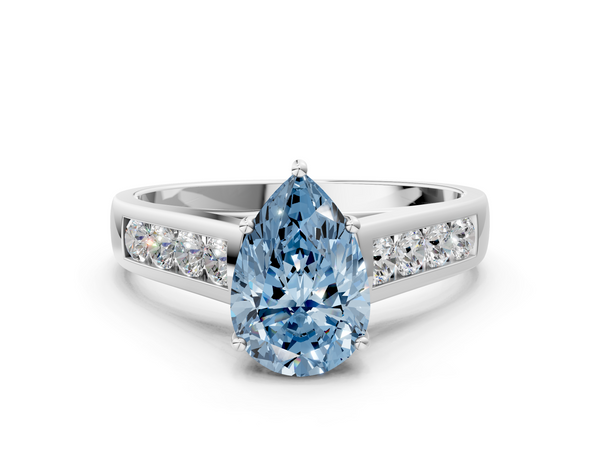 White gold Fancy Blue Pear  Brilliant Channel-Set Solitaire Ring with Four-Prong Setting