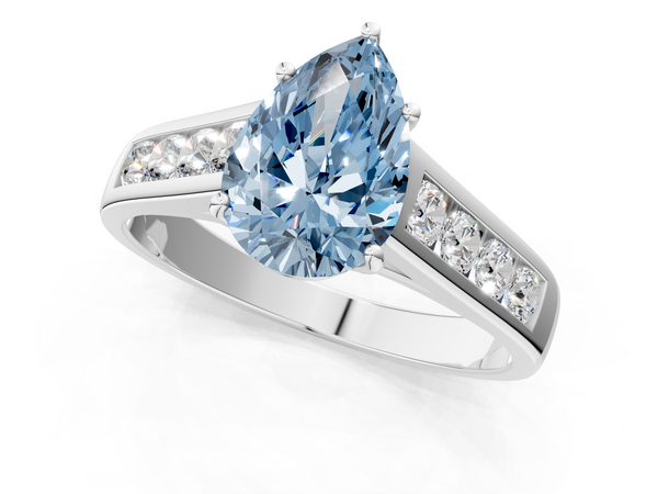White gold Fancy Blue Pear  Brilliant Channel-Set Solitaire Ring with Four-Prong Setting