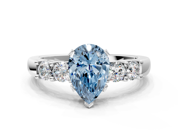 Platinum Fancy Blue Pear  Brilliant Cut Diamond Five-Stone Prong Set Engagement Ring with Channel Band
