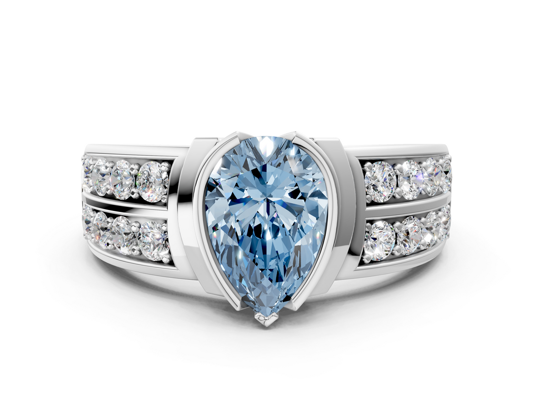 White gold Fancy Blue Pear  Brilliant Diamond Channel Set Wide Band Ring with Bezel Setting_20