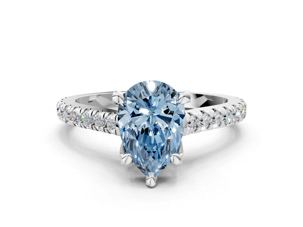 White gold Fancy Blue Pear  Brilliant Diamond Solitaire with Pavé Band and Four-Prong Setting