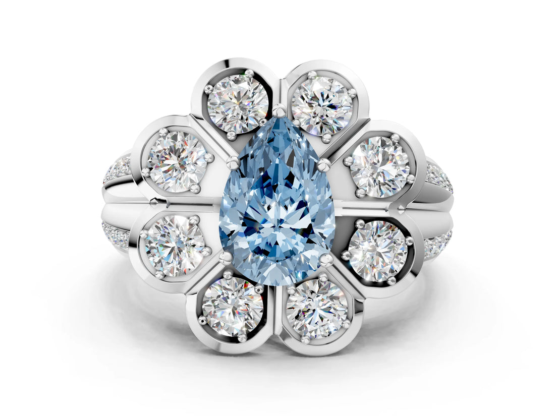White gold Fancy Blue Pear  Brilliant Flower Halo Diamond Split Shank Ring_27