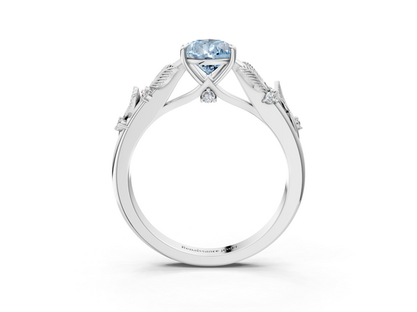 Platinum Fancy Blue Pear Cut Diamond Solitaire Ring with Leaf Motif Band and Four-Prong Setting
