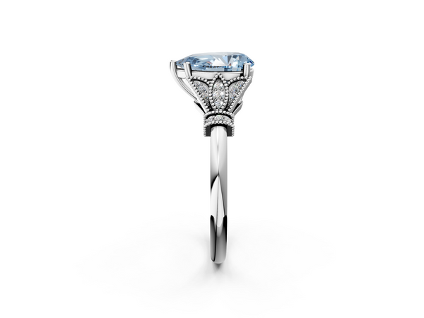 White gold Fancy Blue Pear  Diamond Solitaire Ring with Floral Filigree and Pave Accents