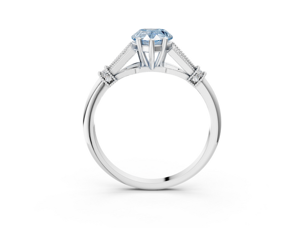 White gold Fancy Blue Pear  Diamond Solitaire Ring with Floral Filigree and Pave Accents