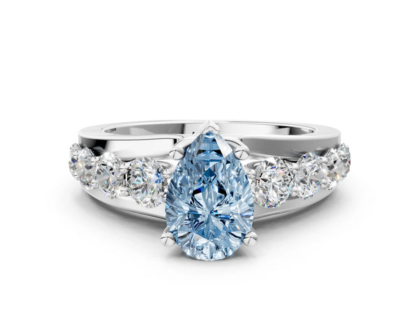 White gold Fancy Blue Pear  Brilliant Solitaire with Side Stones on a Pave Band and Four-Prong Setting