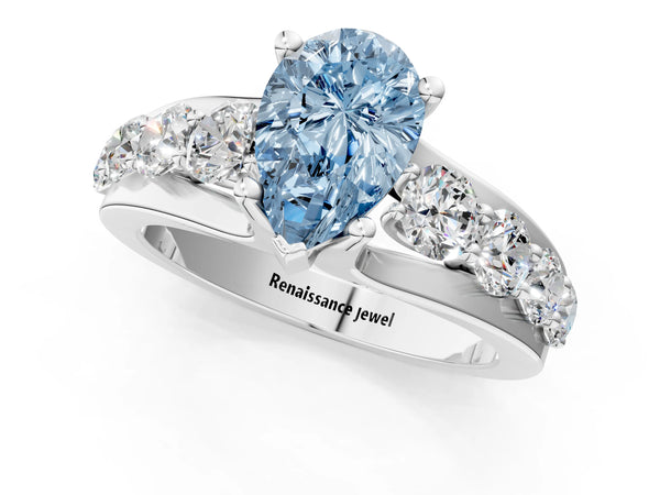 White gold Fancy Blue Pear  Brilliant Solitaire with Side Stones on a Pave Band and Four-Prong Setting