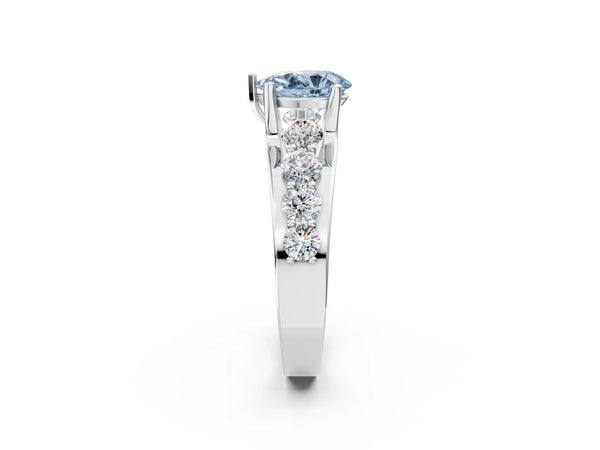 White gold Fancy Blue Pear  Brilliant Solitaire with Side Stones on a Pave Band and Four-Prong Setting
