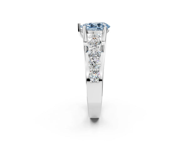 White gold Fancy Blue Pear  Brilliant Solitaire with Side Stones on a Pave Band and Four-Prong Setting