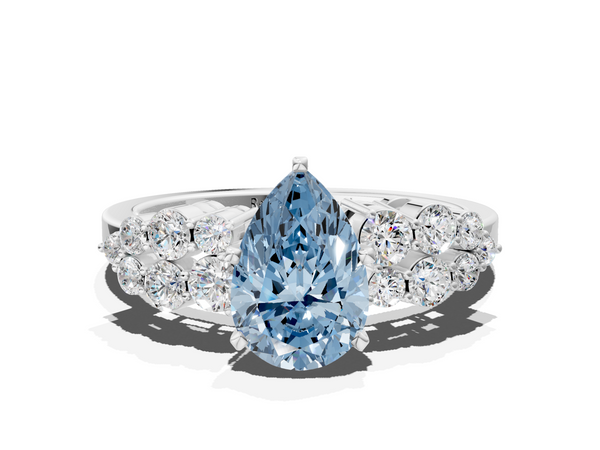 Platinum Fancy Blue Pear  Cluster Diamond Engagement Ring with Pavé Band and Four-Prong Setting