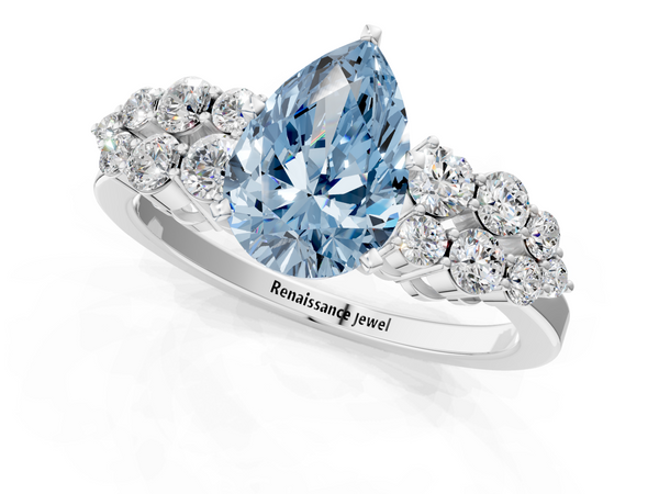 Platinum Fancy Blue Pear  Cluster Diamond Engagement Ring with Pavé Band and Four-Prong Setting