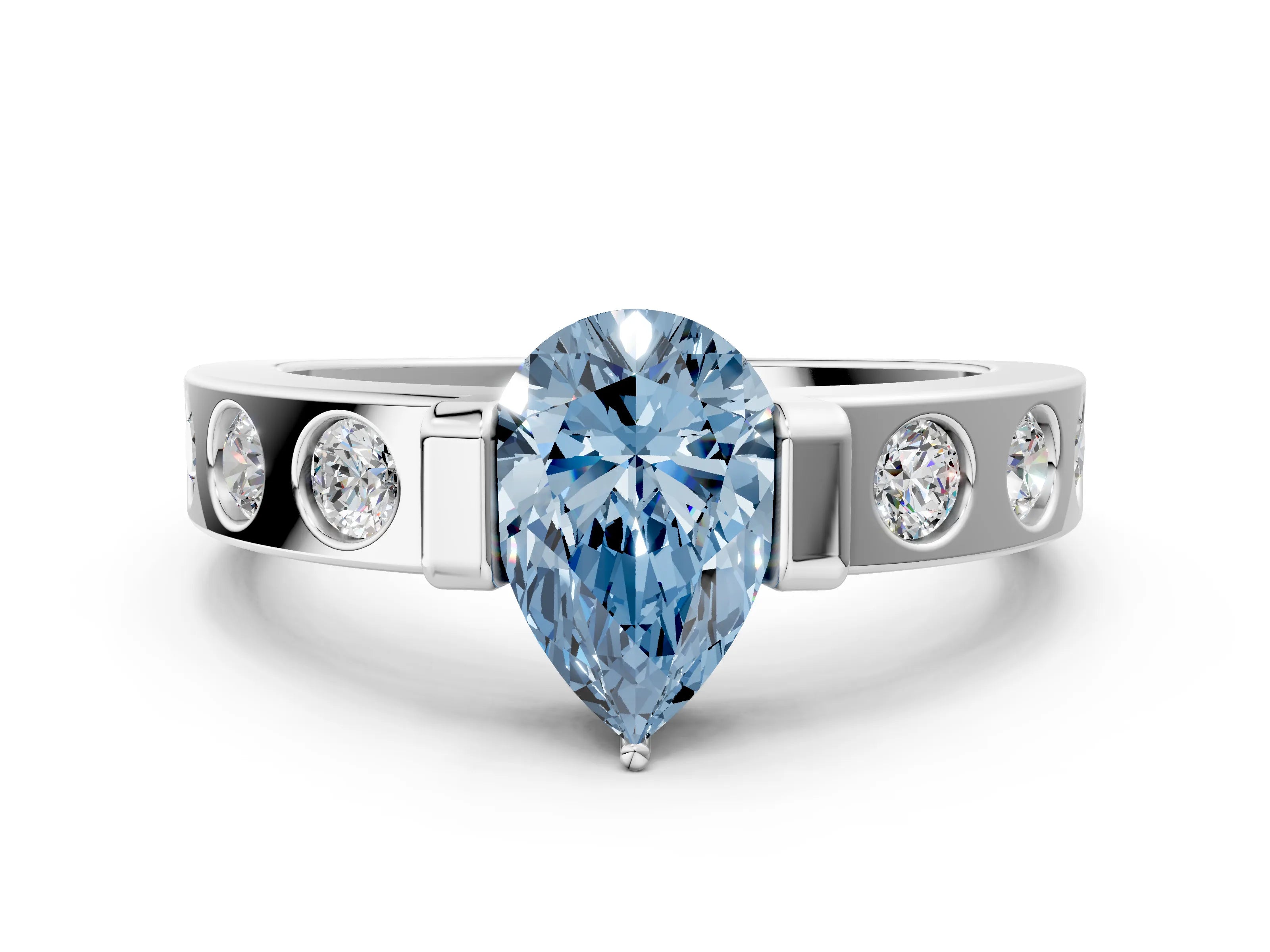 White gold Fancy Blue Pear Cut Brilliant Channel-Set Diamond Ring with Bezel Prong Setting_12