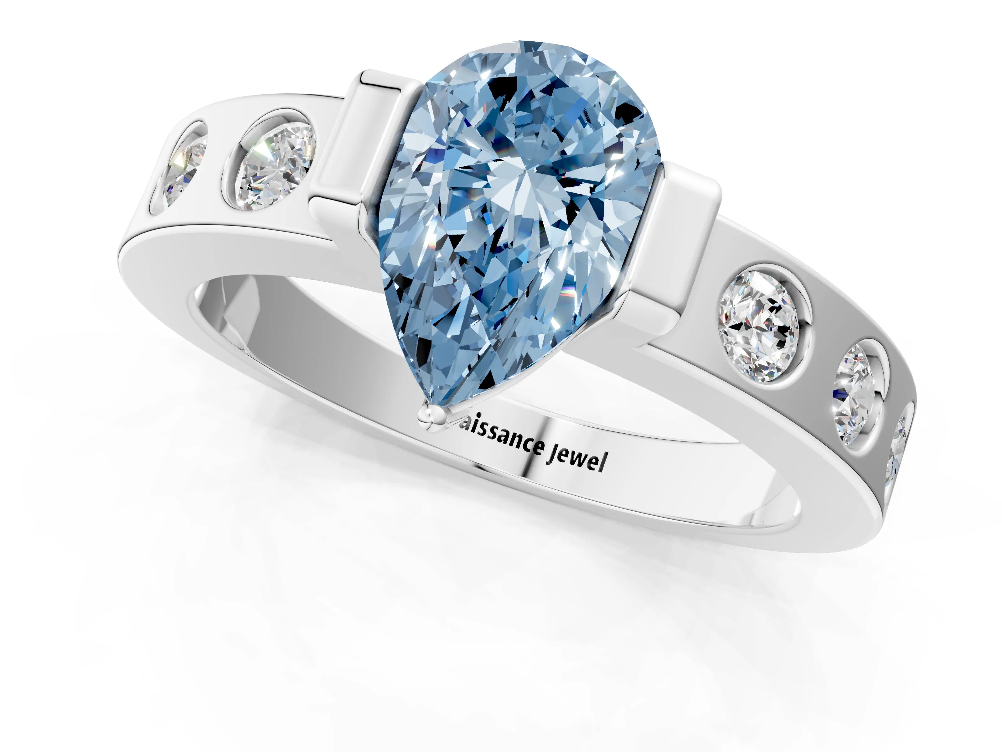 White gold Fancy Blue Pear Cut Brilliant Channel-Set Diamond Ring with Bezel Prong Setting_13