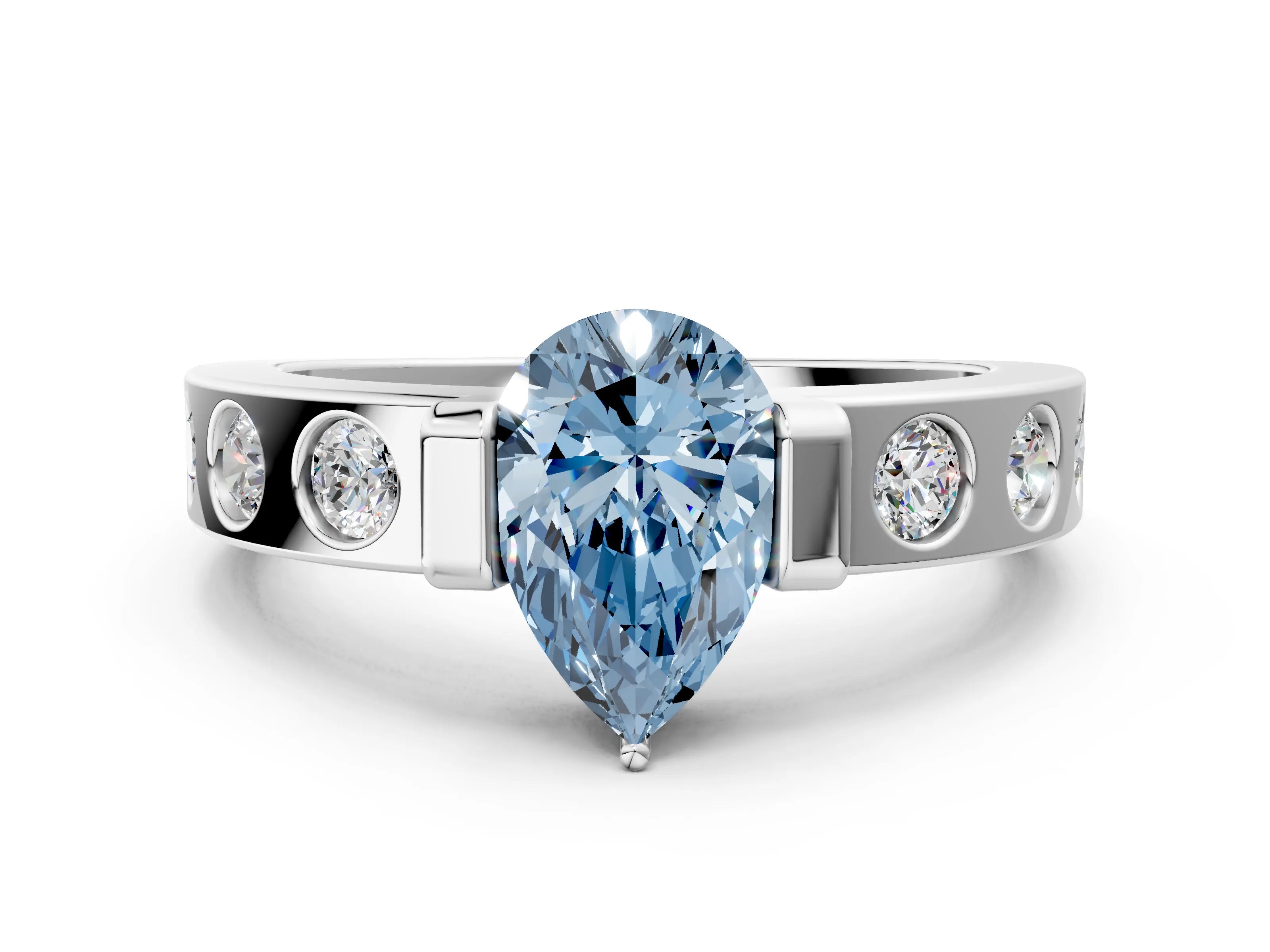 White gold Fancy Blue Pear Cut Brilliant Channel-Set Diamond Ring with Bezel Prong Setting