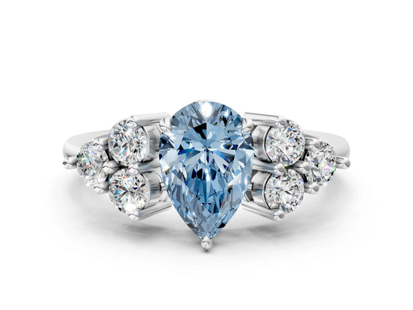 Platinum Fancy Blue Pear Cut Brilliant Diamond Cluster Accent Solitaire Ring with Prong Setting