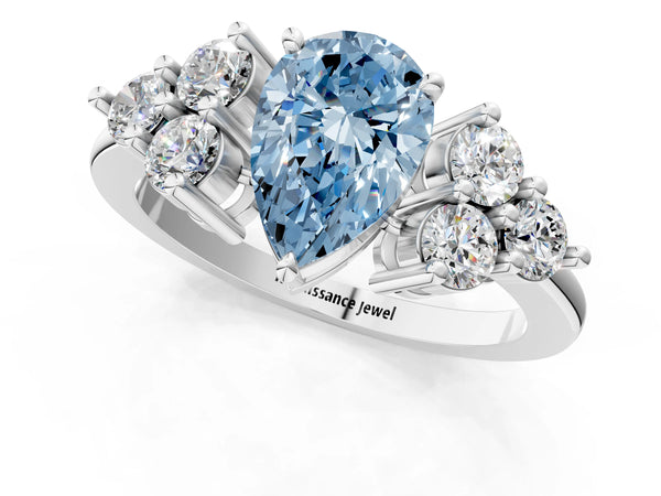 Platinum Fancy Blue Pear Cut Brilliant Diamond Cluster Accent Solitaire Ring with Prong Setting