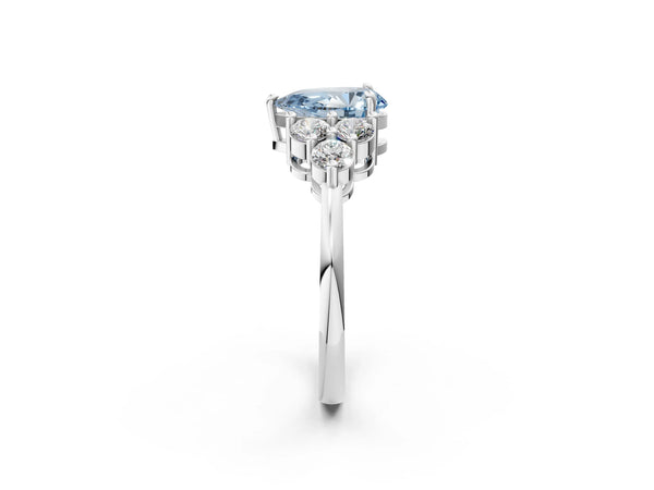 Platinum Fancy Blue Pear Cut Brilliant Diamond Cluster Accent Solitaire Ring with Prong Setting