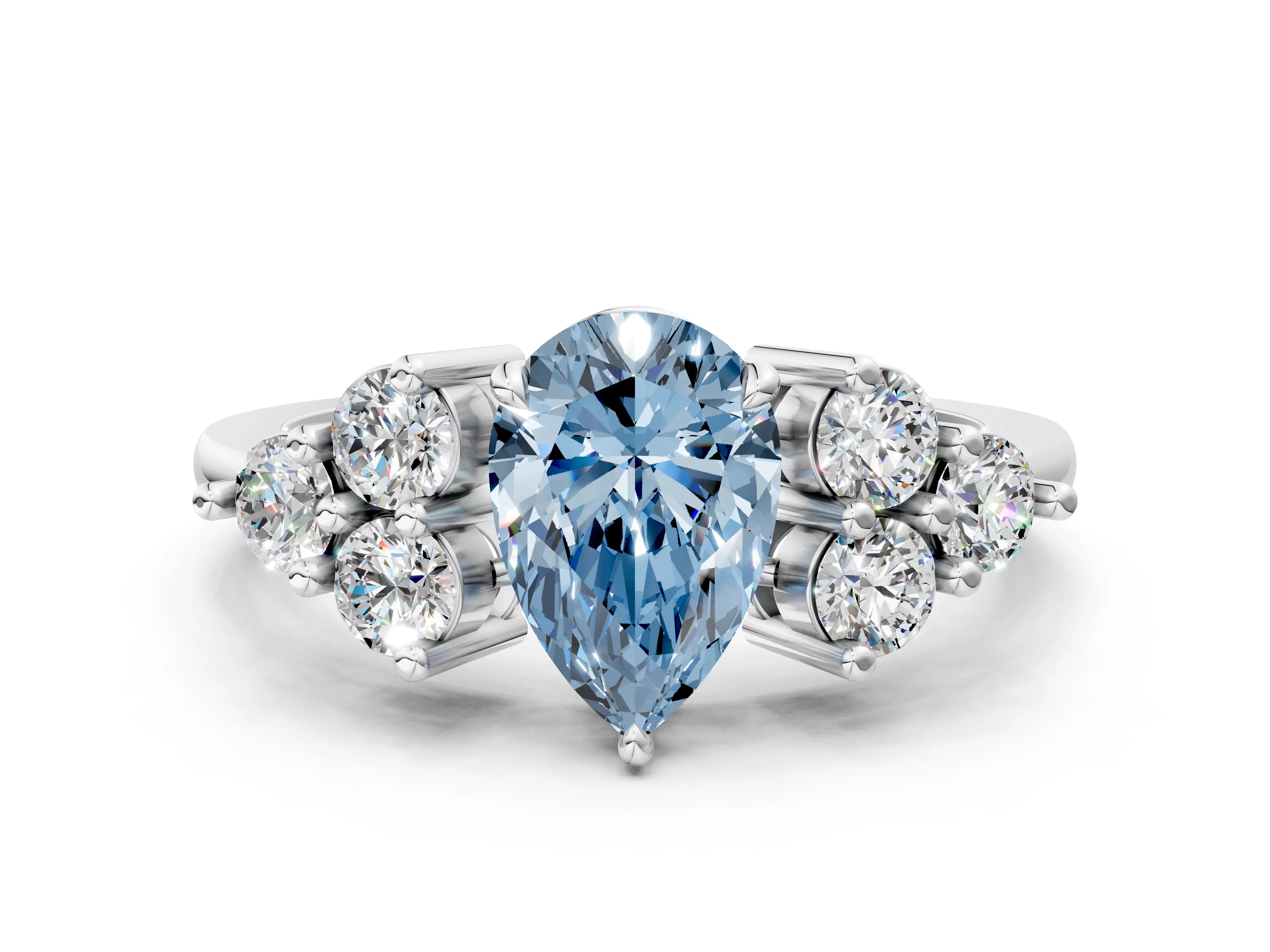 White gold Fancy Blue Pear Cut Brilliant Diamond Cluster Accent Solitaire Ring with Prong Setting