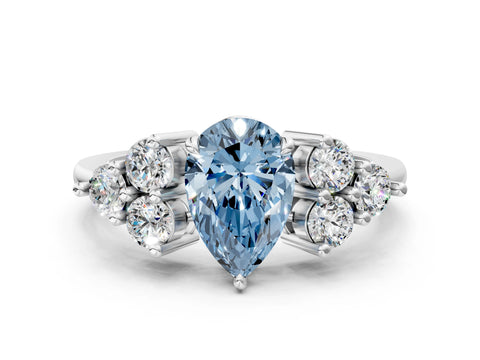 White gold Fancy Blue Pear Cut Brilliant Diamond Cluster Accent Solitaire Ring with Prong Setting