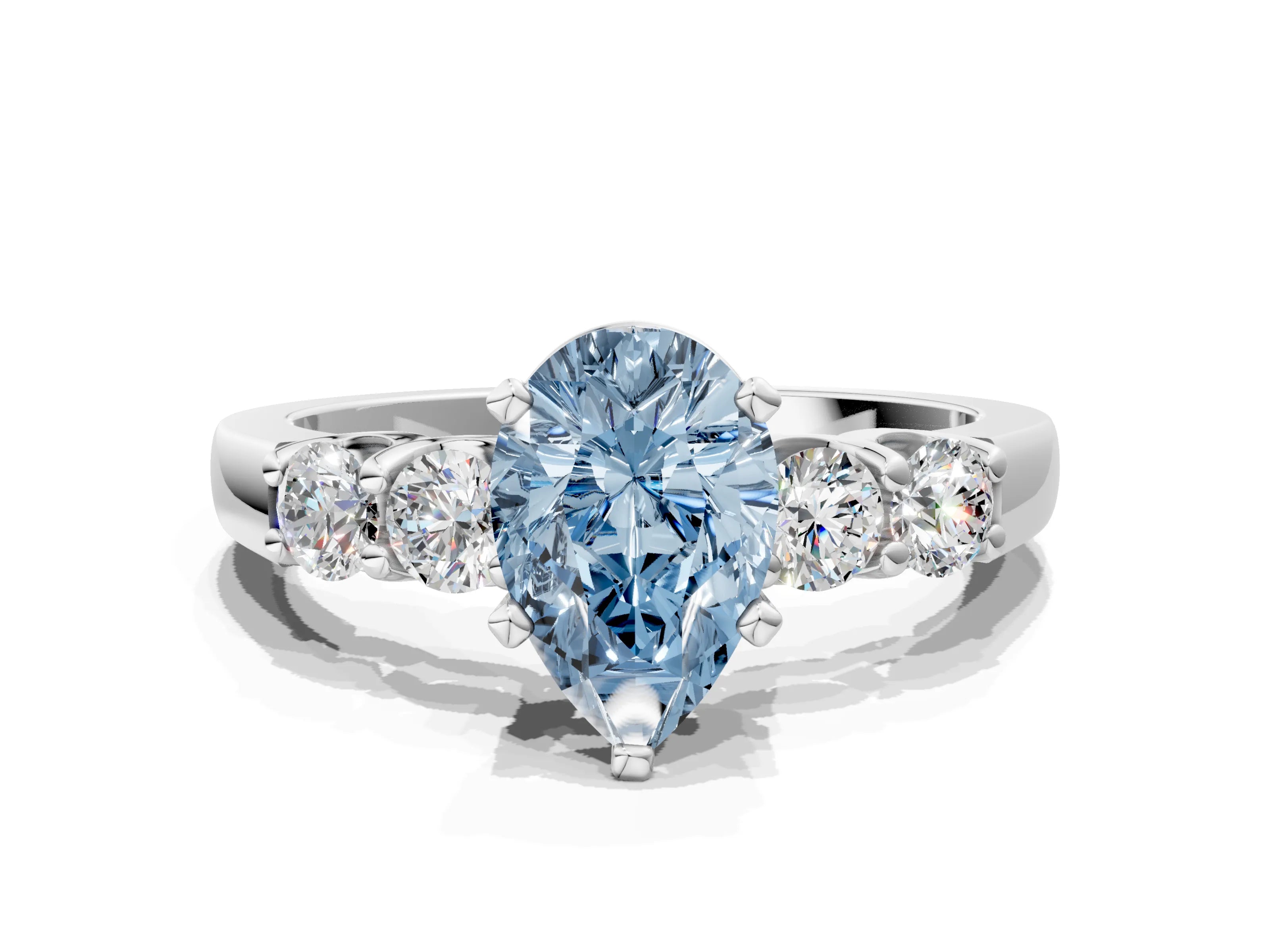 White gold Fancy Blue Pear Cut Brilliant Diamond Five-Stone Engagement Ring with Prong Setting on a Classic Band_3