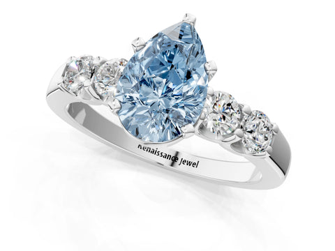White gold Fancy Blue Pear Cut Brilliant Diamond Five-Stone Engagement Ring with Prong Setting on a Classic Band_4