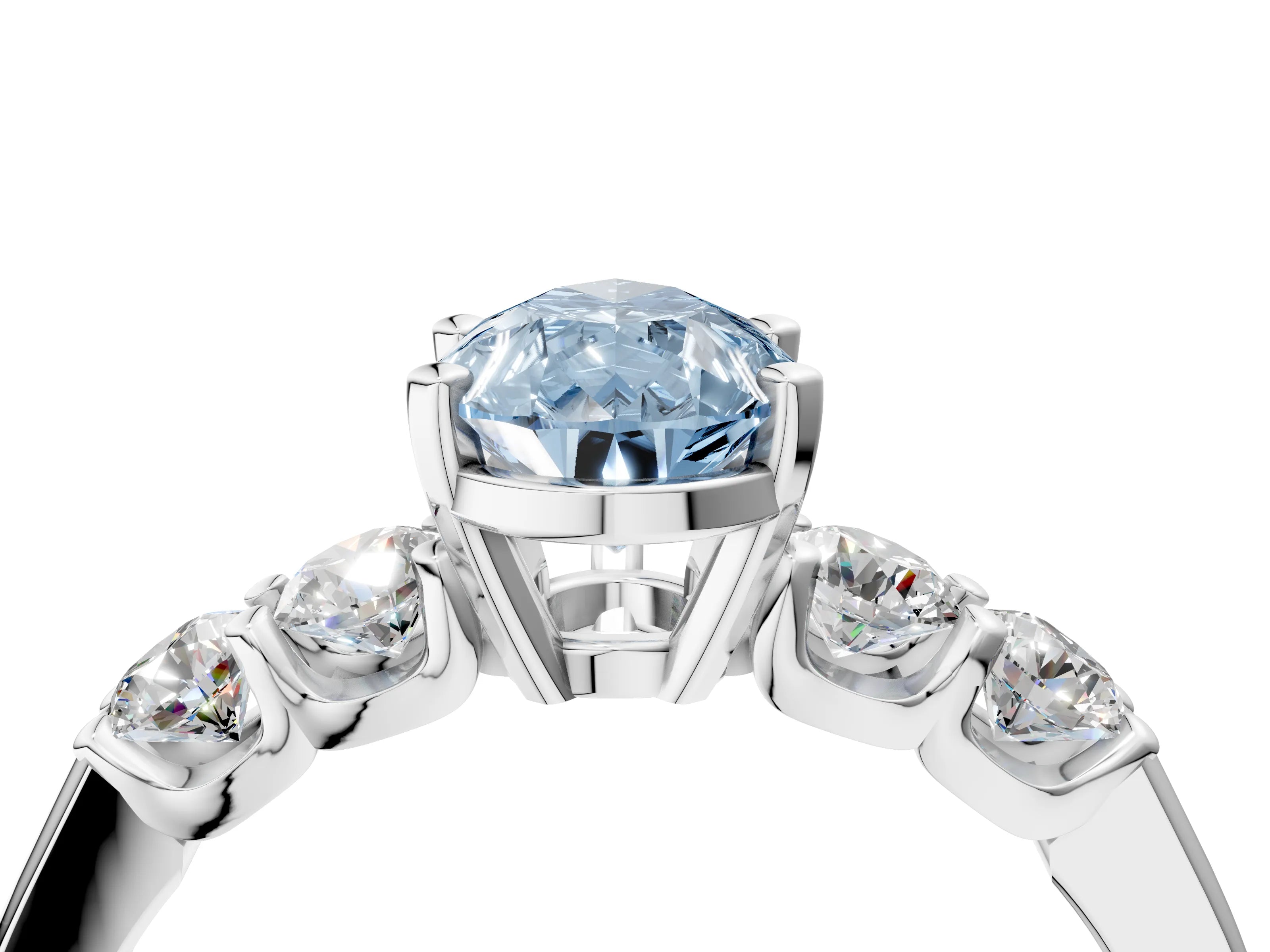 White gold Fancy Blue Pear Cut Brilliant Diamond Five-Stone Engagement Ring with Prong Setting on a Classic Band_7