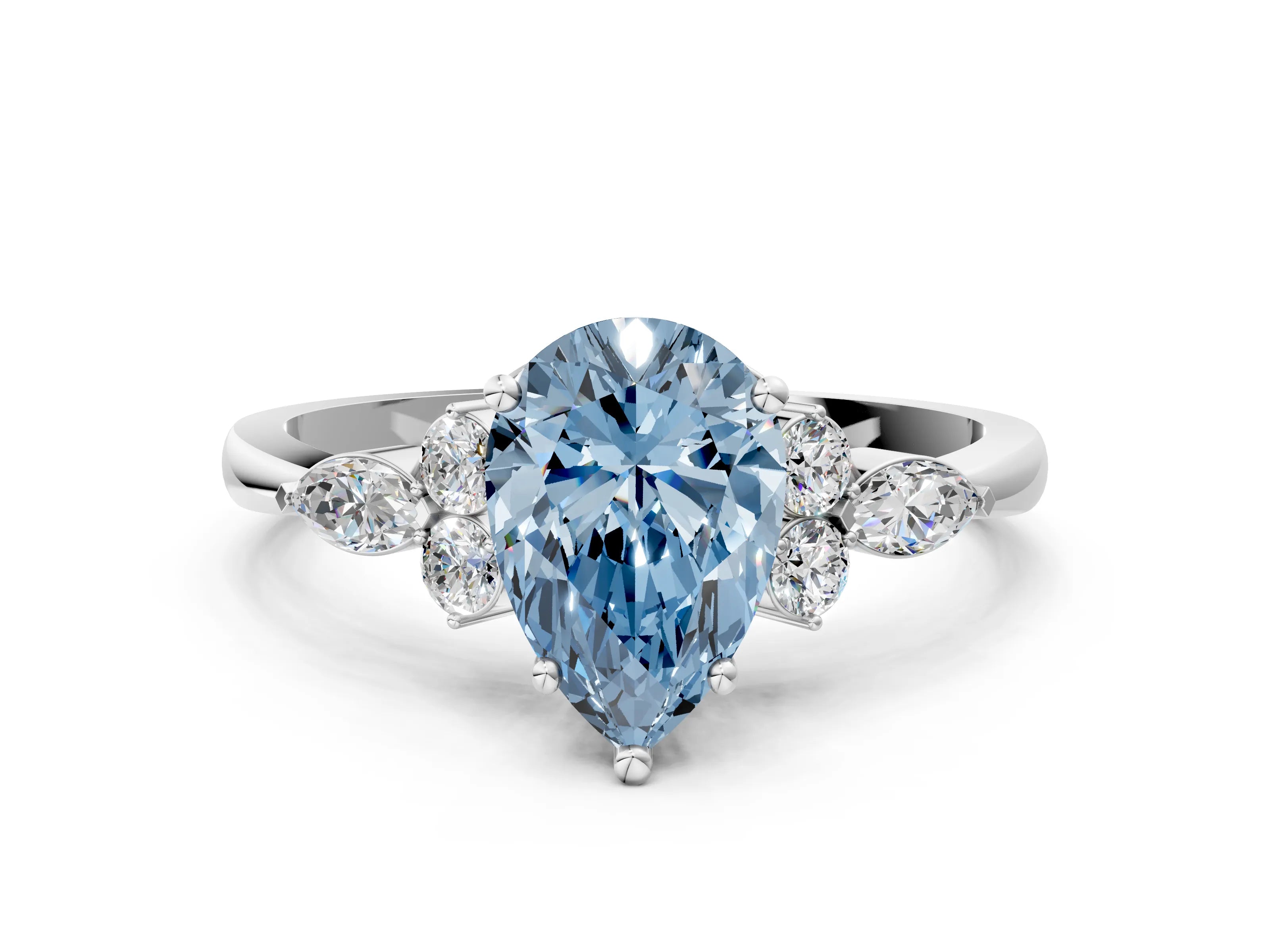 White gold Fancy Blue Pear Cut Brilliant Diamond Solitaire Ring with Pear Side Stones and Four-Prong Setting_6