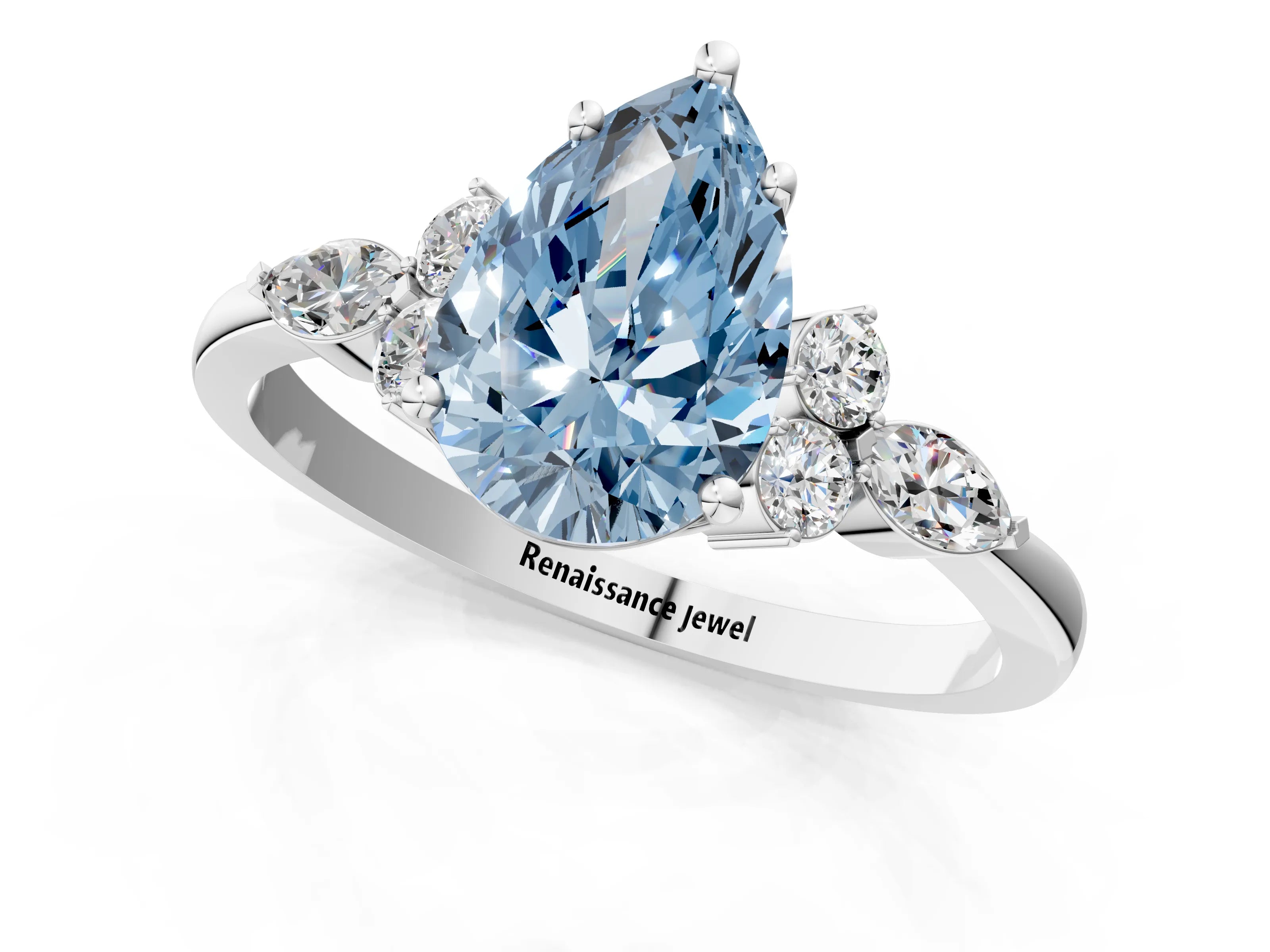 White gold Fancy Blue Pear Cut Brilliant Diamond Solitaire Ring with Pear Side Stones and Four-Prong Setting_7