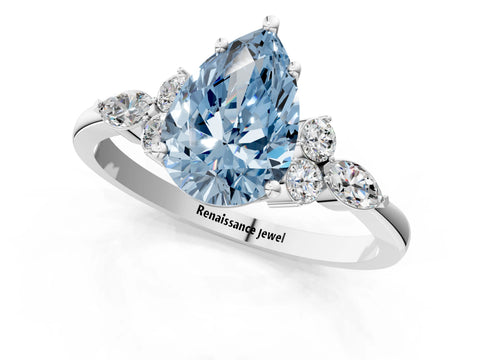 White gold Fancy Blue Pear Cut Brilliant Diamond Solitaire Ring with Pear Side Stones and Four-Prong Setting_7