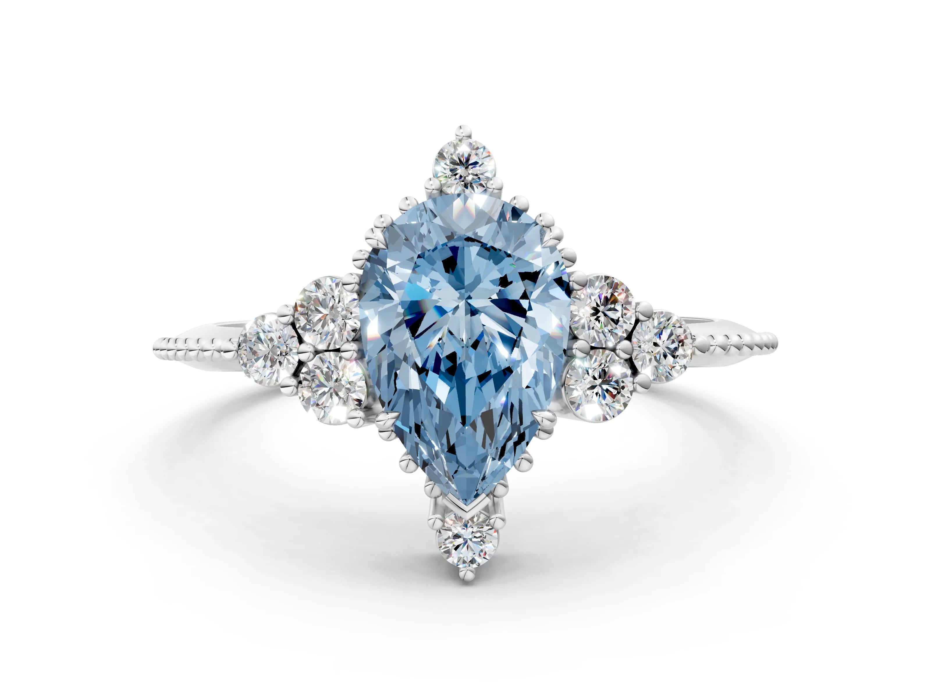 White gold Fancy Blue Pear Cut Brilliant Diamond with Cluster Setting on a Beaded Band and Four-Prong Setting