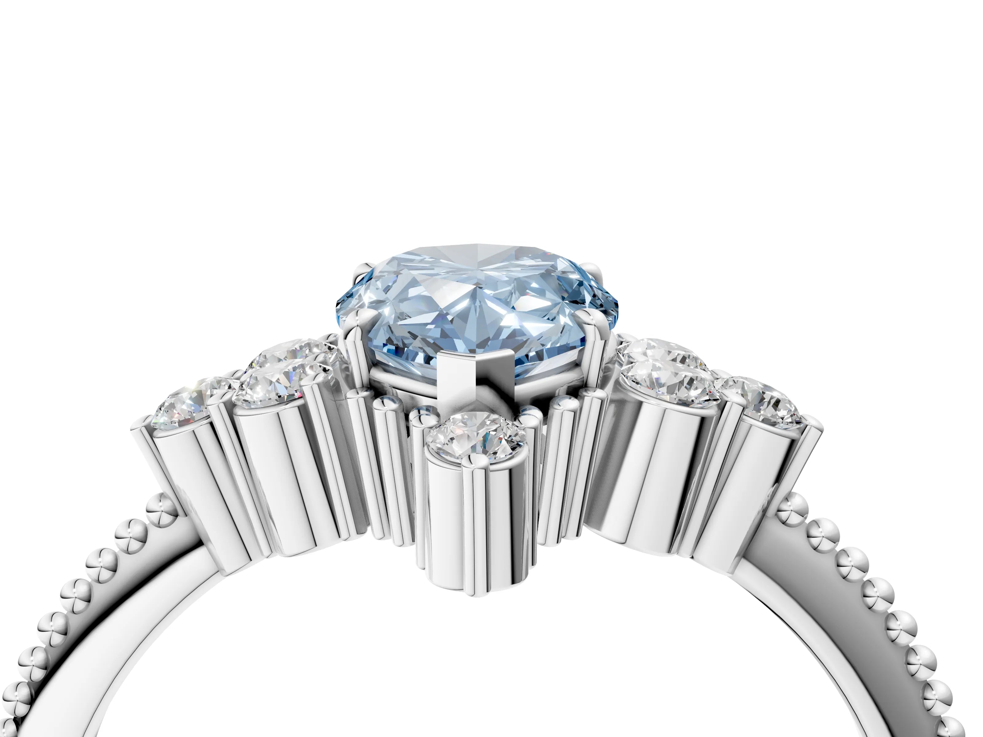White gold Fancy Blue Pear Cut Brilliant Diamond with Cluster Setting on a Beaded Band and Four-Prong Setting_22
