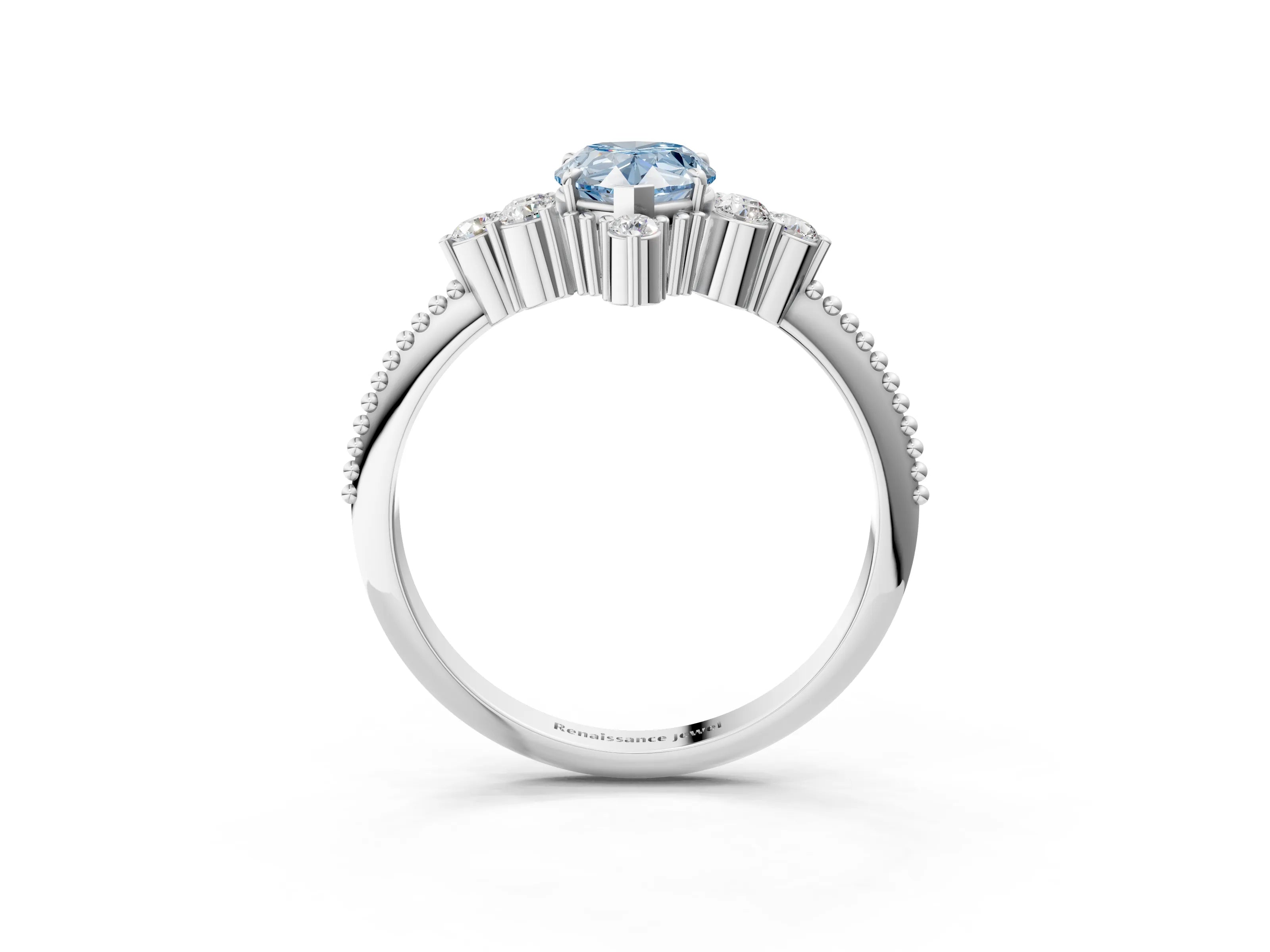 White gold Fancy Blue Pear Cut Brilliant Diamond with Cluster Setting on a Beaded Band and Four-Prong Setting_27