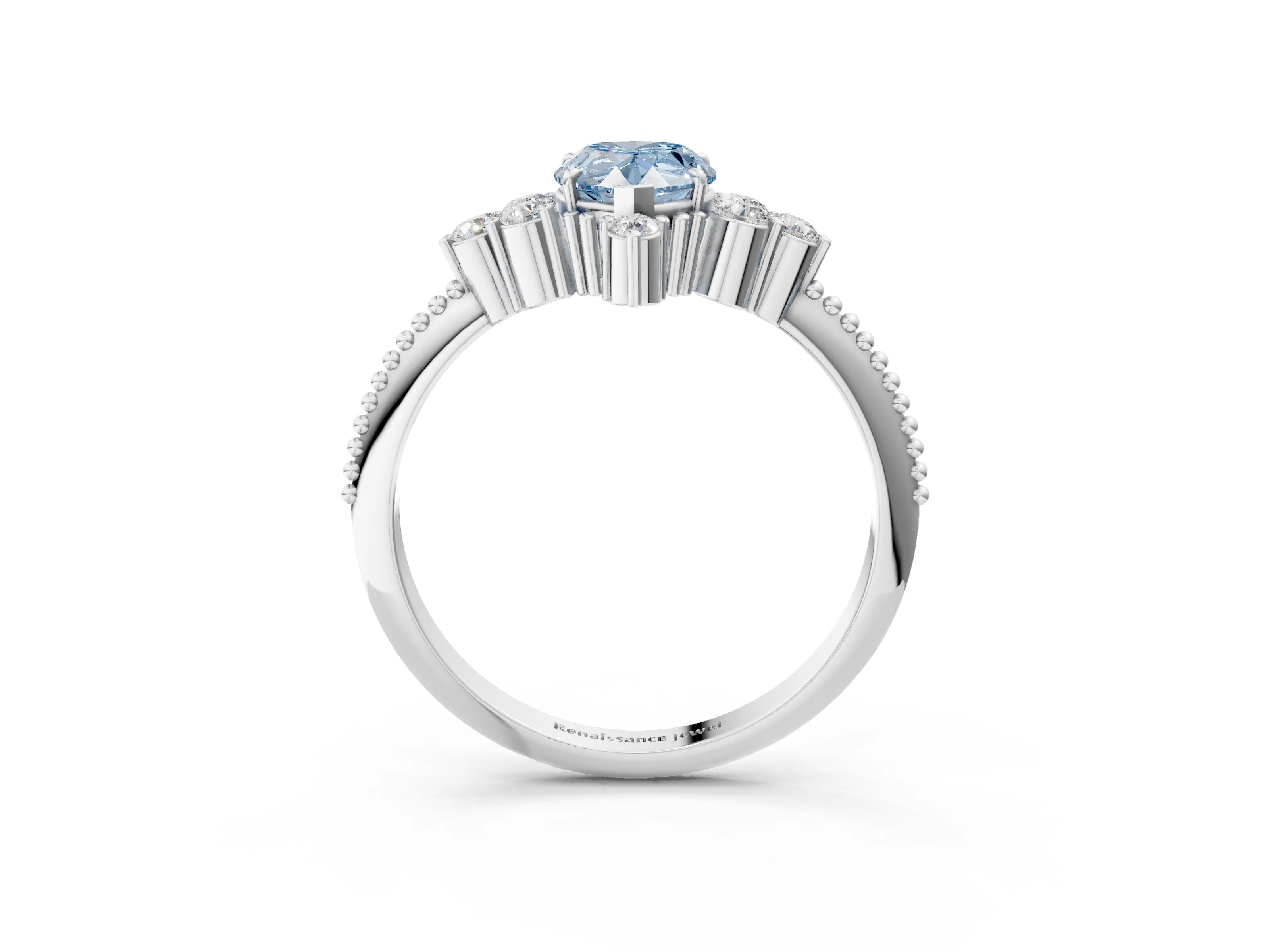 White gold Fancy Blue Pear Cut Brilliant Diamond with Cluster Setting on a Beaded Band and Four-Prong Setting_3