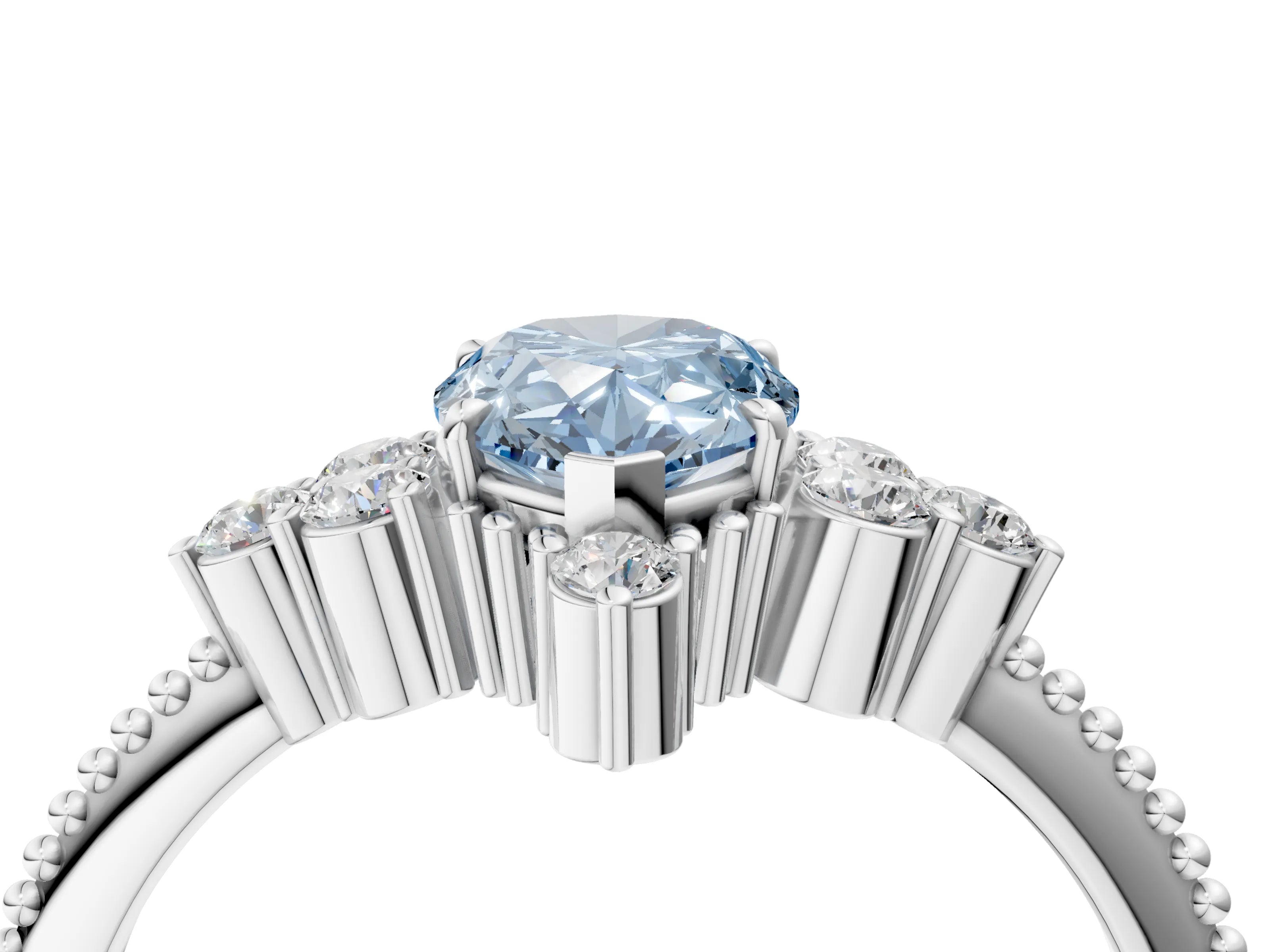 White gold Fancy Blue Pear Cut Brilliant Diamond with Cluster Setting on a Beaded Band and Four-Prong Setting_4