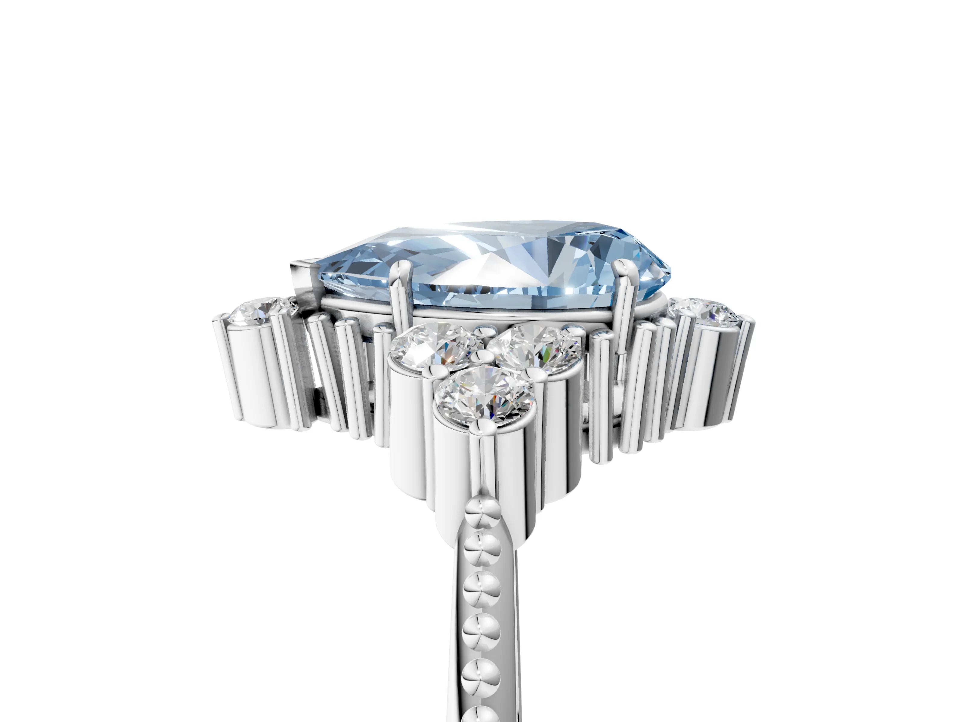 White gold Fancy Blue Pear Cut Brilliant Diamond with Cluster Setting on a Beaded Band and Four-Prong Setting_5
