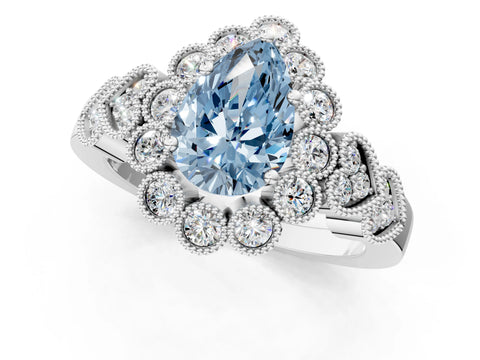 White gold Fancy Blue Pear Cut Brilliant Milgrain Pave Heart Band Solitaire Ring_1