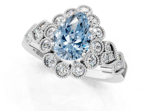 White gold Fancy Blue Pear Cut Brilliant Milgrain Pave Heart Band Solitaire Ring_1