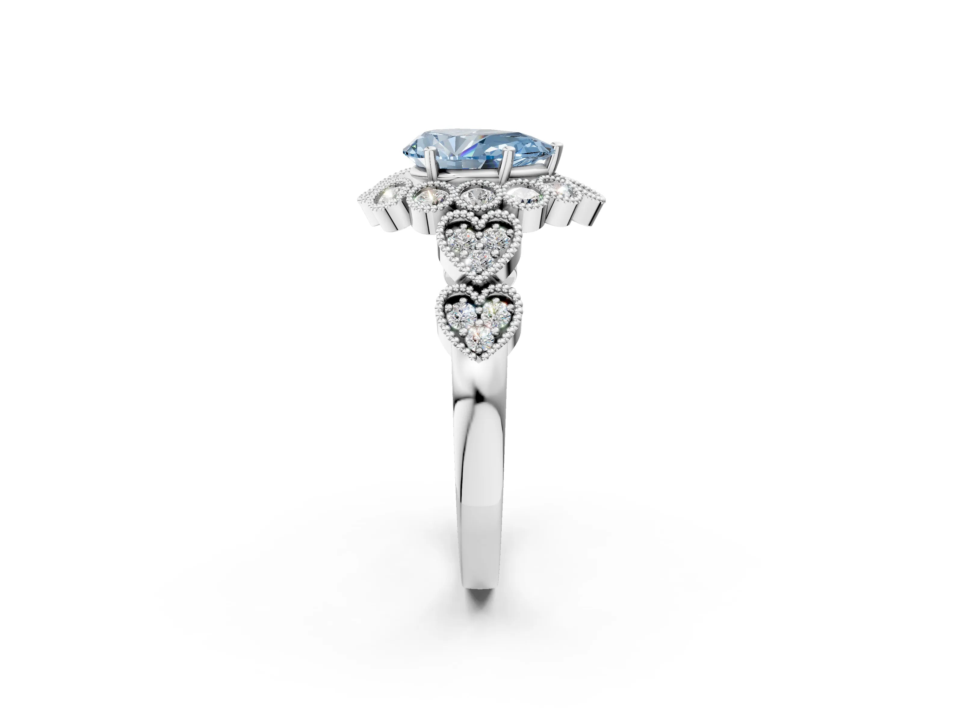 White gold Fancy Blue Pear Cut Brilliant Milgrain Pave Heart Band Solitaire Ring_2