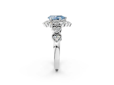 White gold Fancy Blue Pear Cut Brilliant Milgrain Pave Heart Band Solitaire Ring_2