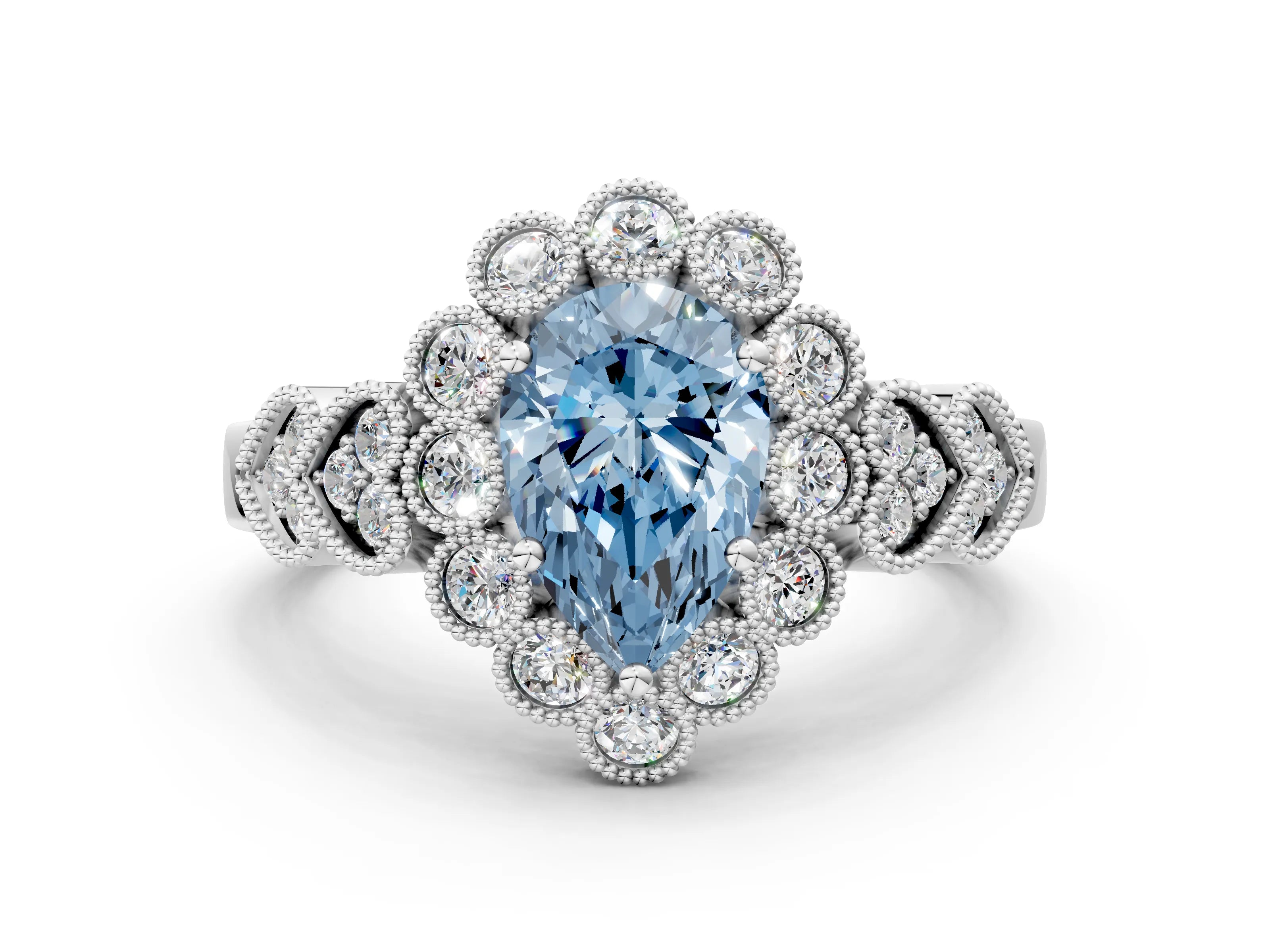 White gold Fancy Blue Pear Cut Brilliant Milgrain Pave Heart Band Solitaire Ring