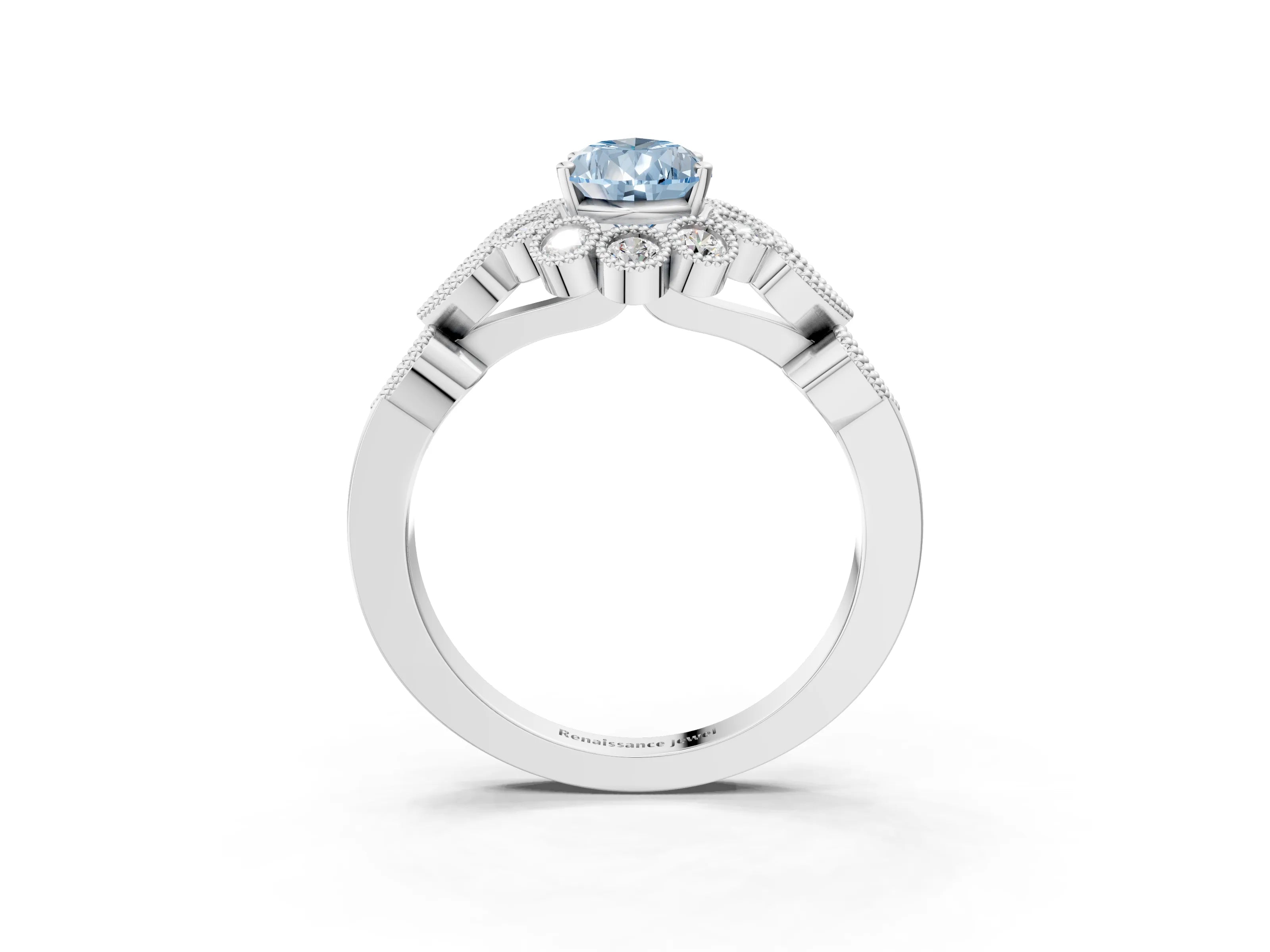 White gold Fancy Blue Pear Cut Brilliant Milgrain Pave Heart Band Solitaire Ring_3