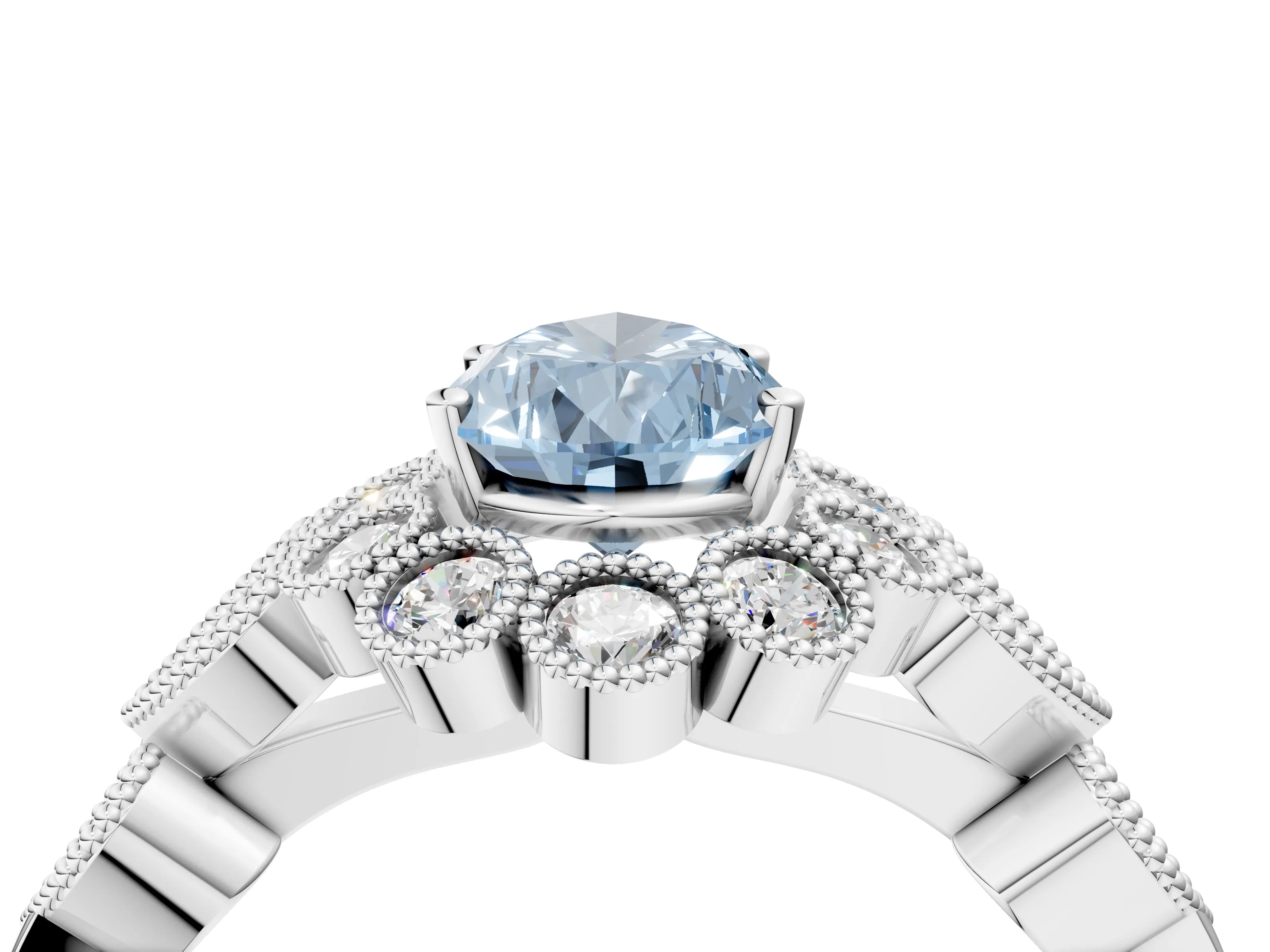 White gold Fancy Blue Pear Cut Brilliant Milgrain Pave Heart Band Solitaire Ring_4